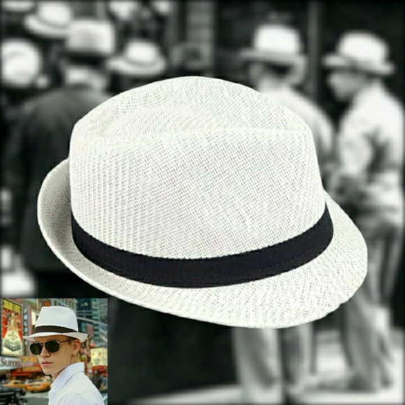GROOVY GLAM White Classic Trilby Fedora Hat with Black Band - Picture 1 of 4
